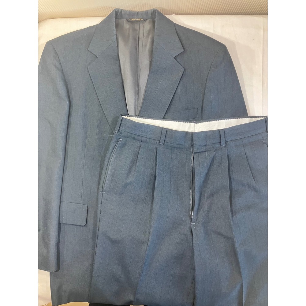 Adams‎ Row Mens 42 Long Pinstripe 2 Piece Suit Navy Blue Made in USA Vintage 90s